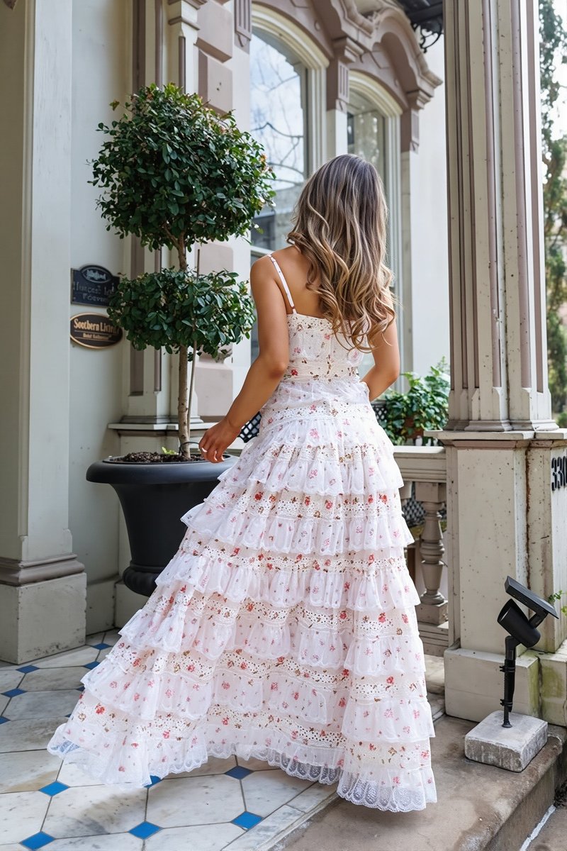 Women's Floral Tiered Lace Fall Wedding Guest Dress Maxi