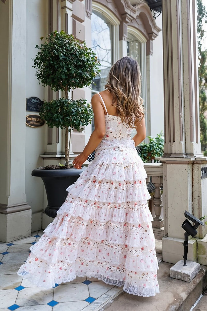 Women's Floral Tiered Lace Fall Wedding Guest Dress Maxi