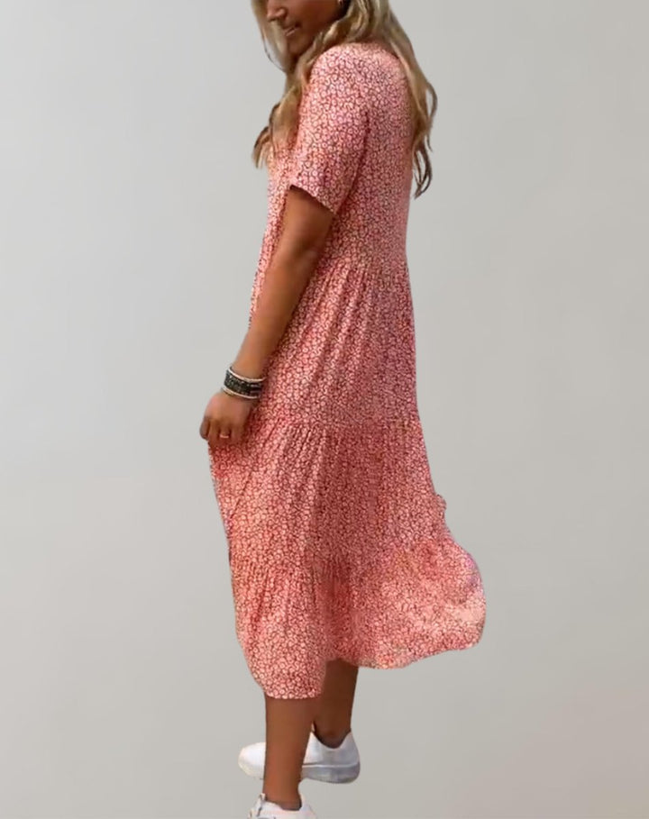 Women's Floral Tiered Short-Sleeve Fall Midi Dress