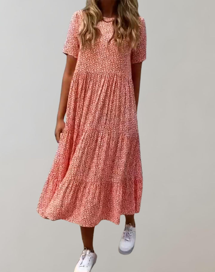 Women's Floral Tiered Short-Sleeve Fall Midi Dress