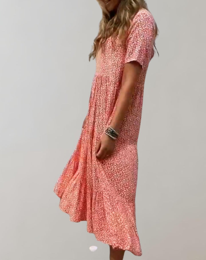 Women's Floral Tiered Short-Sleeve Fall Midi Dress