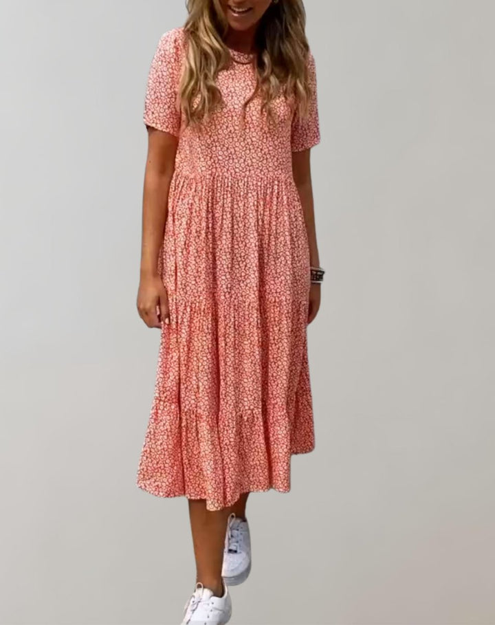 Women's Floral Tiered Short-Sleeve Fall Midi Dress