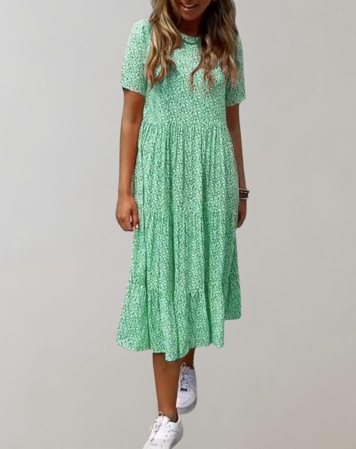 Women's Floral Tiered Short-Sleeve Fall Midi Dress