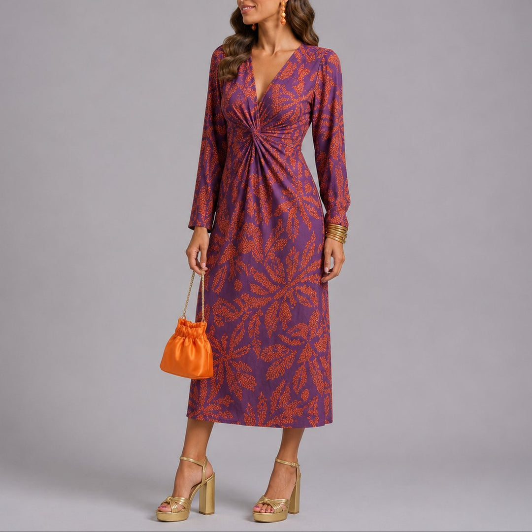 Women's Floral Twist-Front V-Neck Long Sleeve Fall Dress Midi - Purple