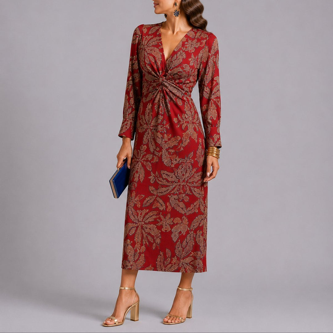 Women's Floral Twist-Front V-Neck Long Sleeve Fall Dress Midi - Red
