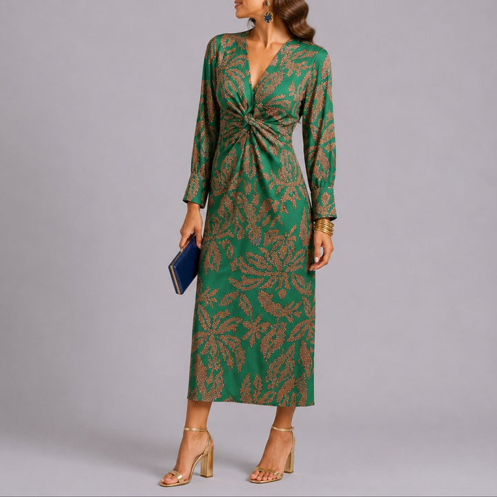 Women's Floral Twist-Front V-Neck Long Sleeve Fall Dress Midi - Green