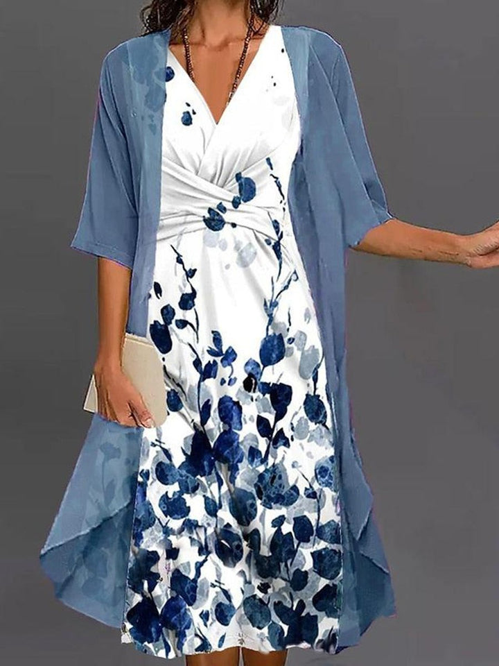 Women's Floral Two-Piece Fall Midi Dress Chiffon Cardigan Set