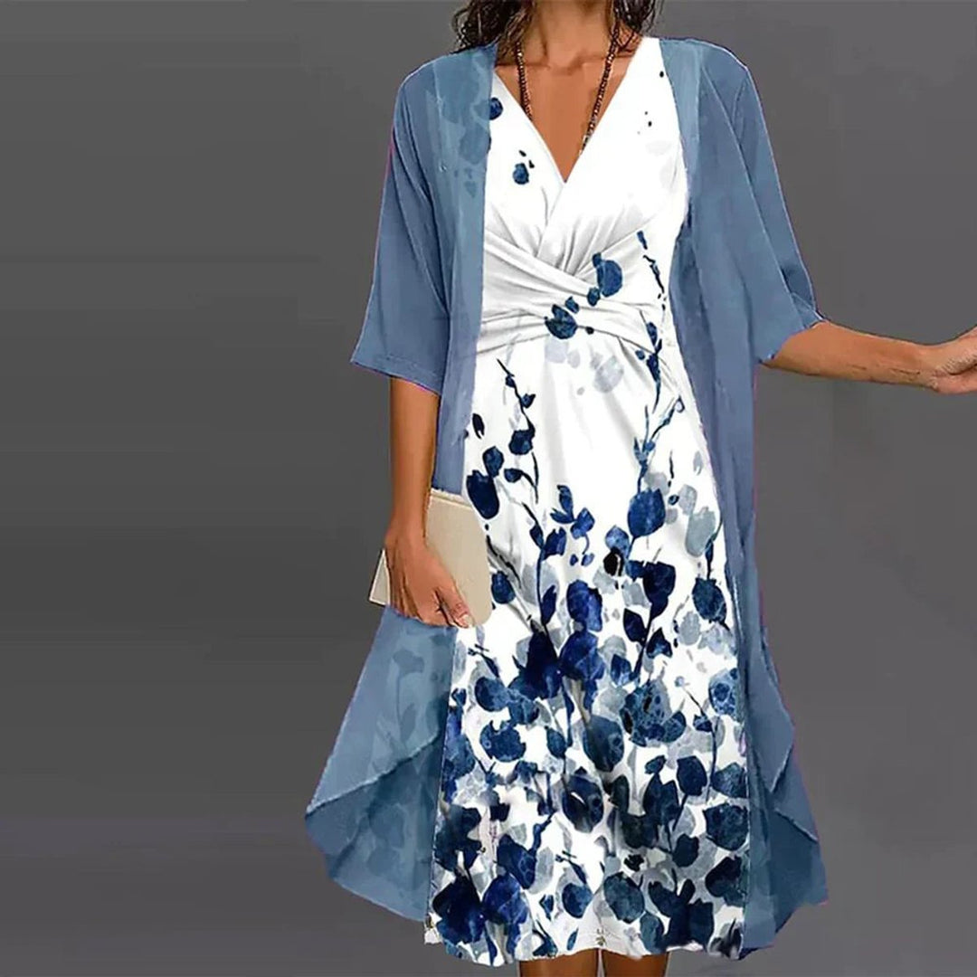 Women's Floral Two-Piece Fall Midi Dress Chiffon Cardigan Set