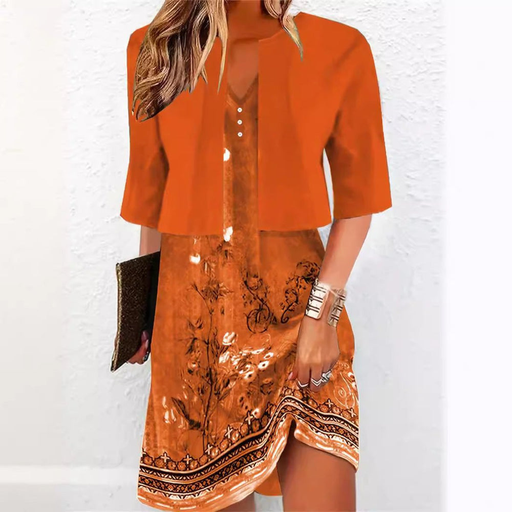 Women's Floral Two-Piece Fall Midi Dress V-Neck Blazer Set