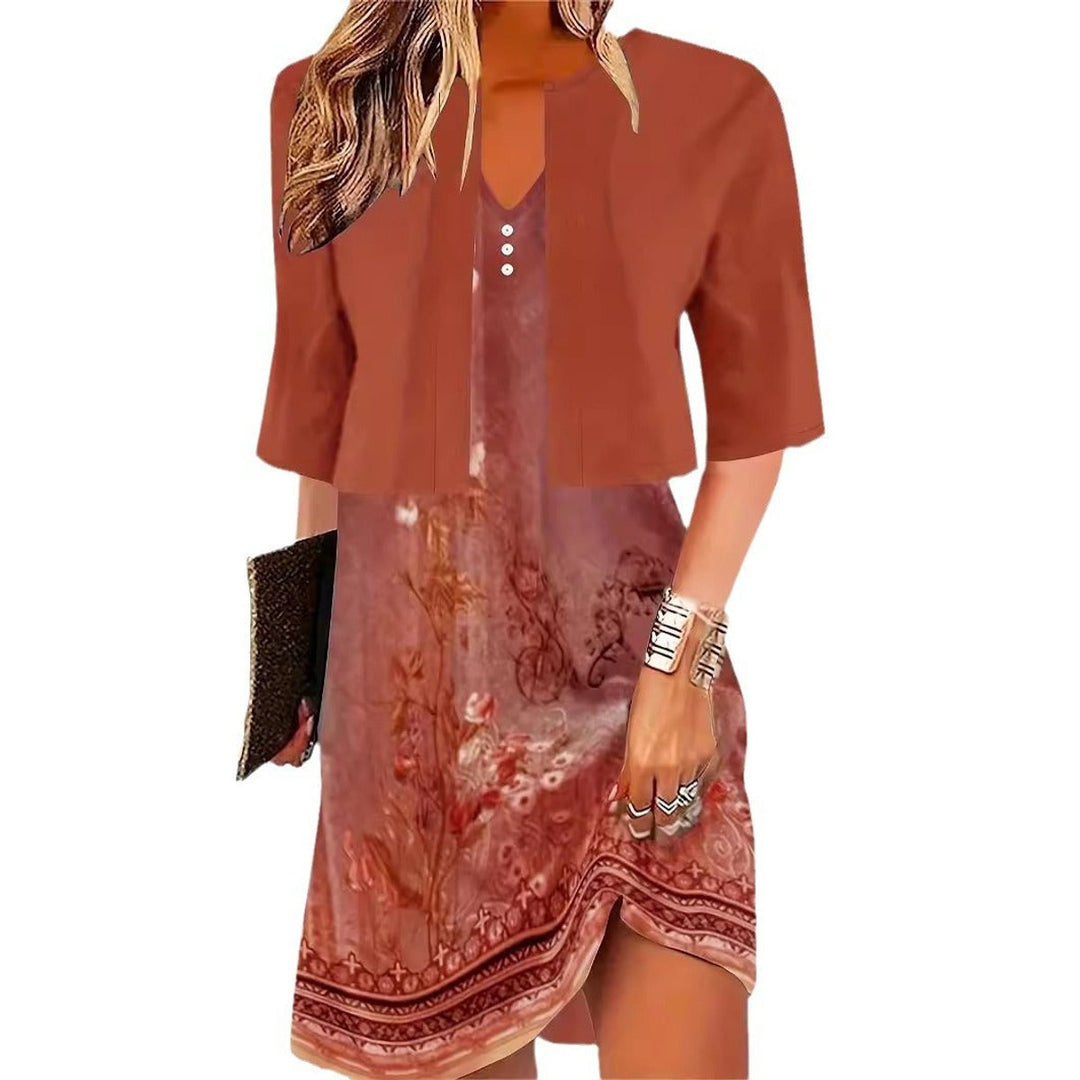 Women's Floral Two-Piece Fall Midi Dress V-Neck Blazer Set