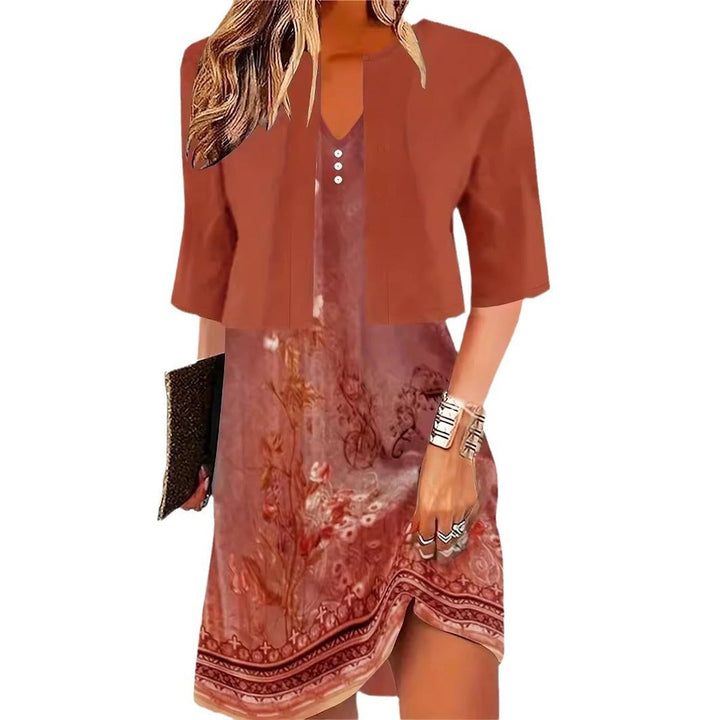 Women's Floral Two-Piece Fall Midi Dress V-Neck Blazer Set