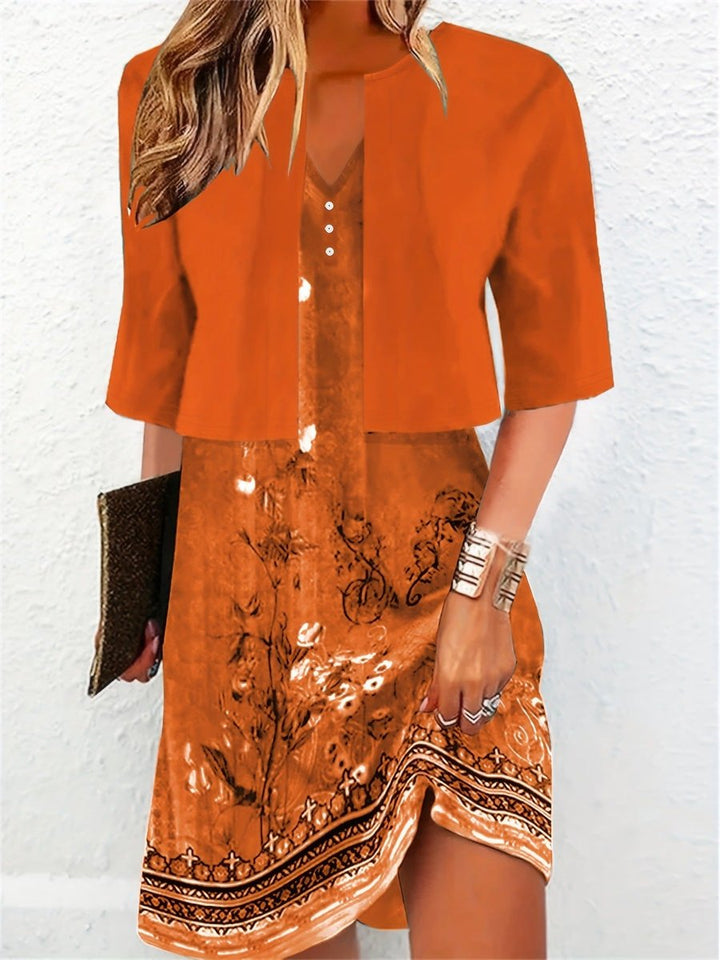 Women's Floral Two-Piece Fall Midi Dress V-Neck Blazer Set