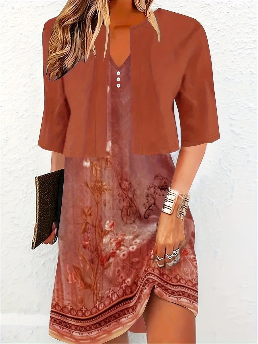 Women's Floral Two-Piece Fall Midi Dress V-Neck Blazer Set