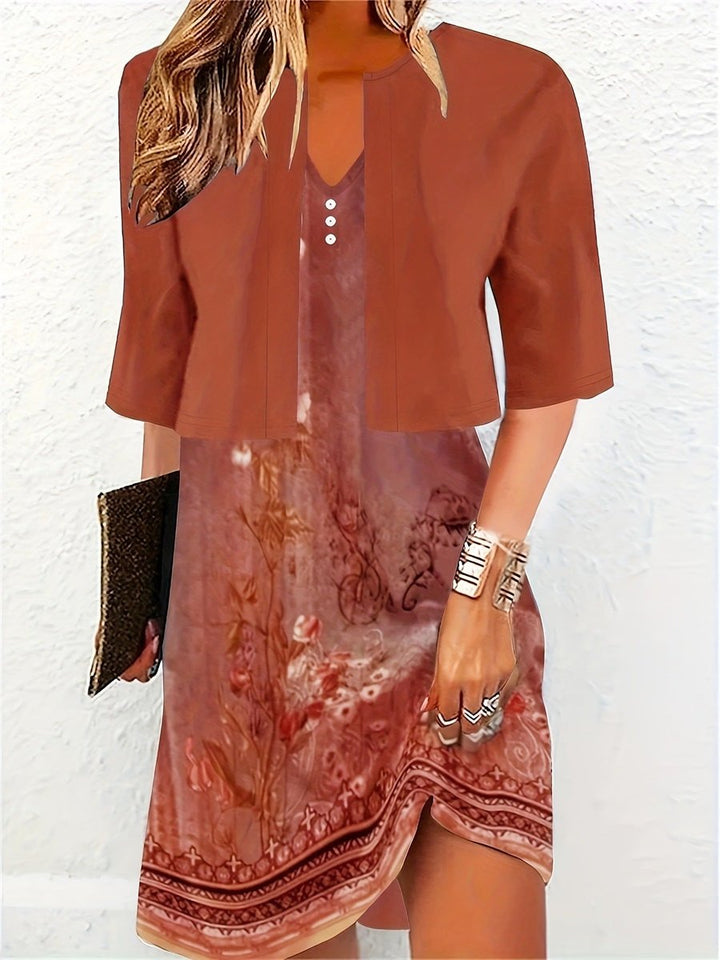 Women's Floral Two-Piece Fall Midi Dress V-Neck Blazer Set