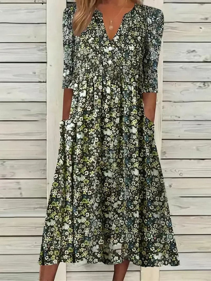 Women's Floral V-Neck 3/4 Sleeve A-Line Fall Midi Dress Pockets
