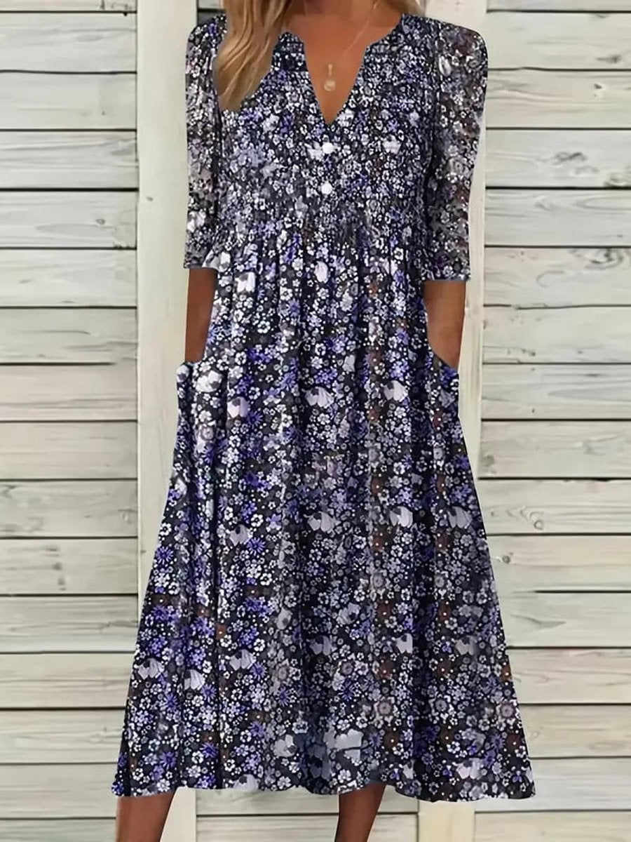 Women's Floral V-Neck 3/4 Sleeve A-Line Fall Midi Dress Pockets