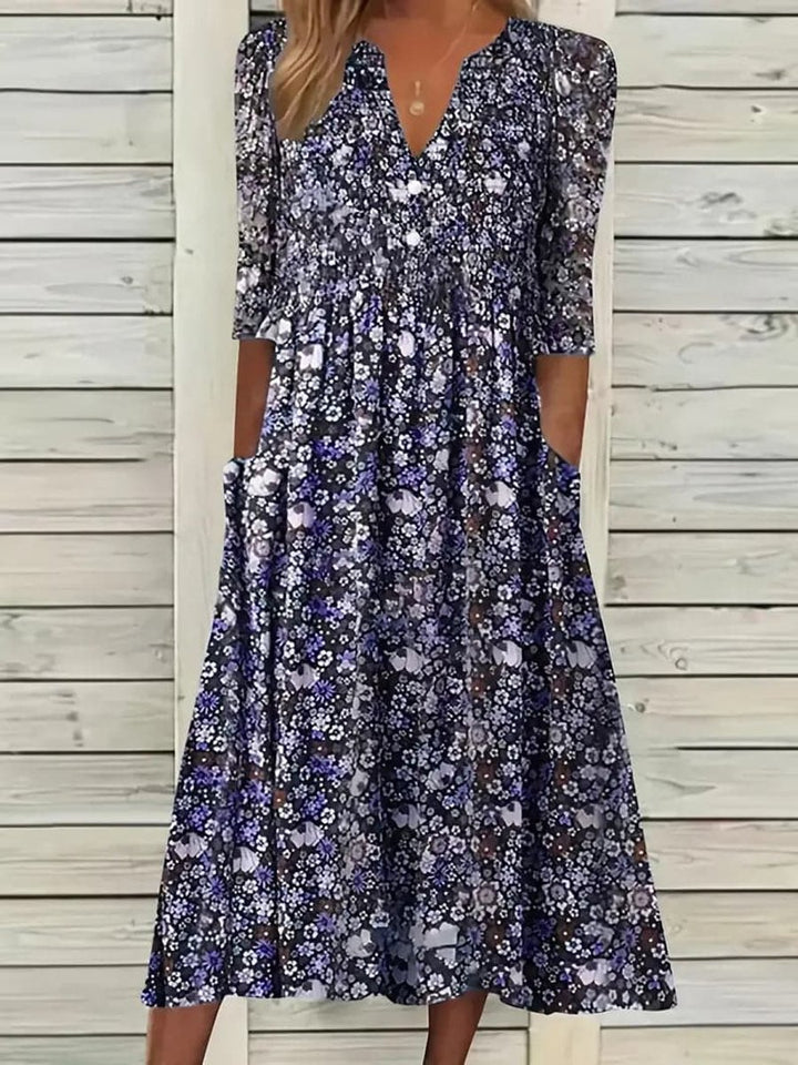 Women's Floral V-Neck 3/4 Sleeve A-Line Fall Midi Dress Pockets