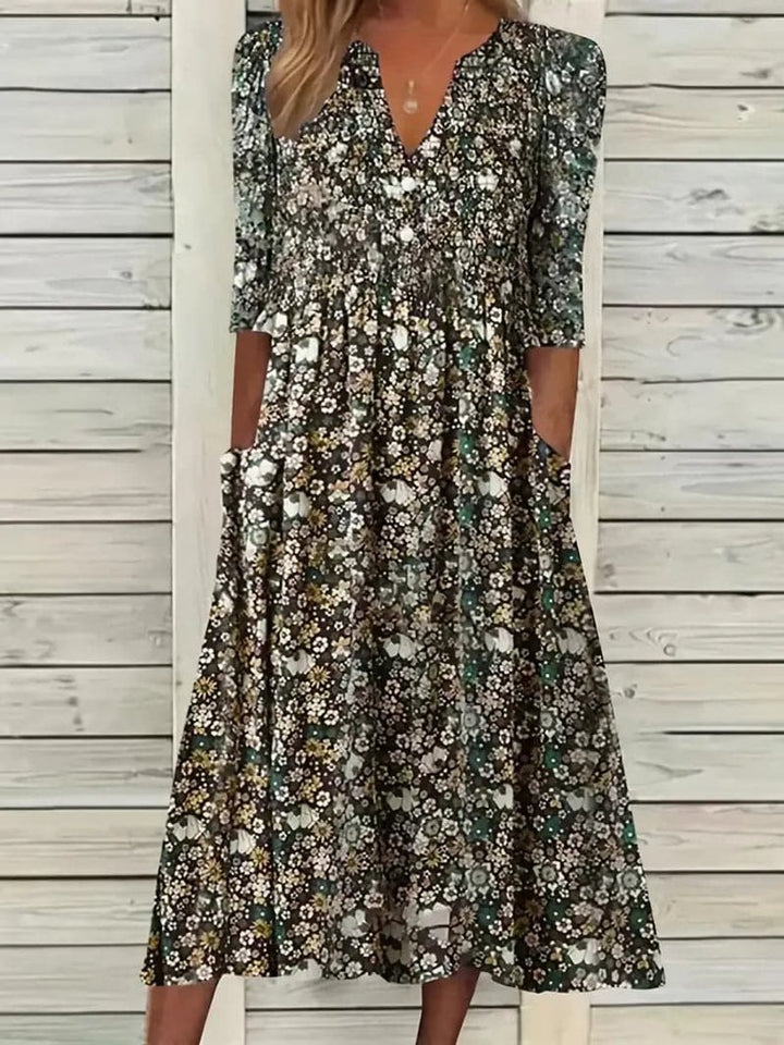 Women's Floral V-Neck 3/4 Sleeve A-Line Fall Midi Dress Pockets