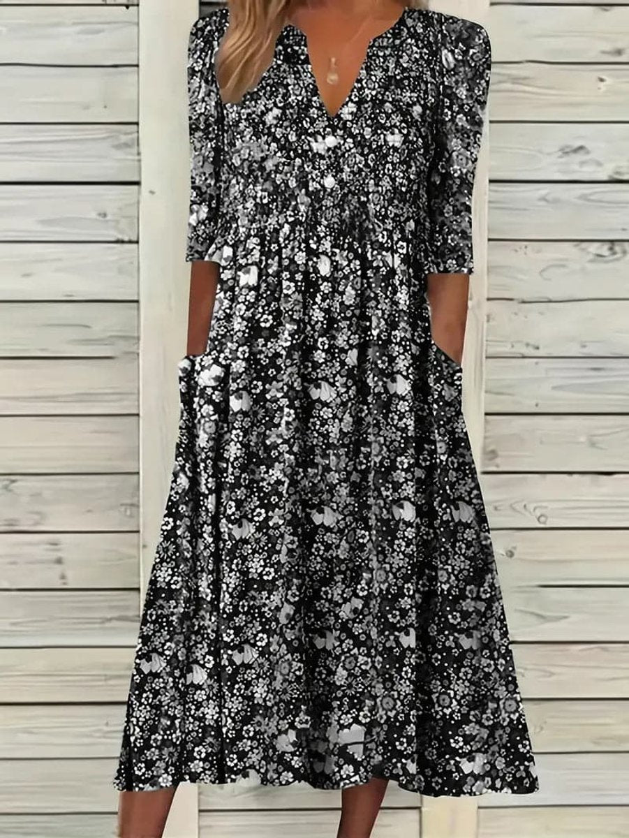 Women's Floral V-Neck 3/4 Sleeve A-Line Fall Midi Dress Pockets