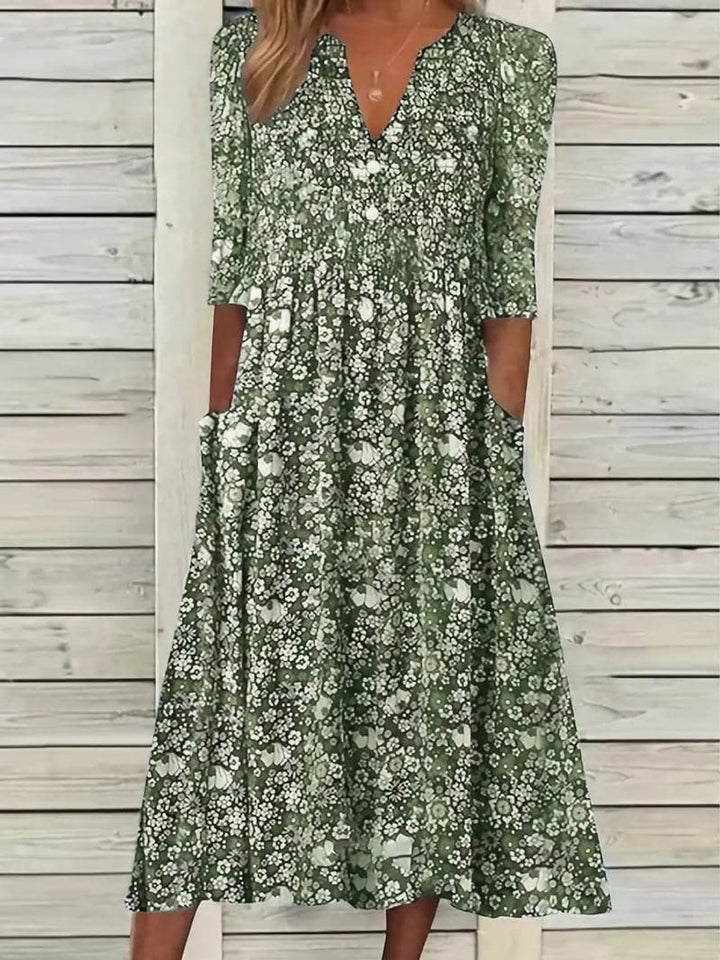Women's Floral V-Neck 3/4 Sleeve A-Line Fall Midi Dress Pockets