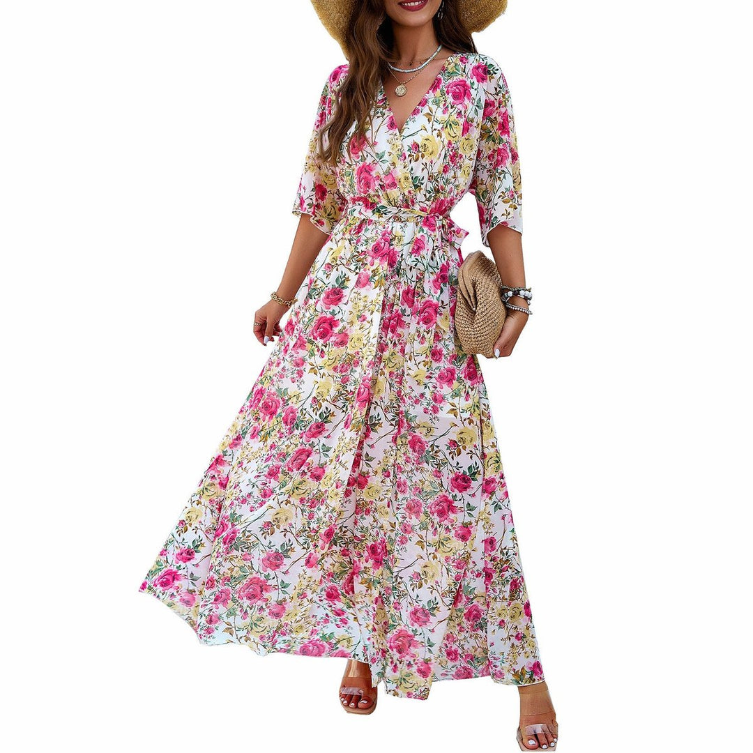 Women's Floral V-Neck Belted Fall Midi Dress Three-Quarter Sleeve