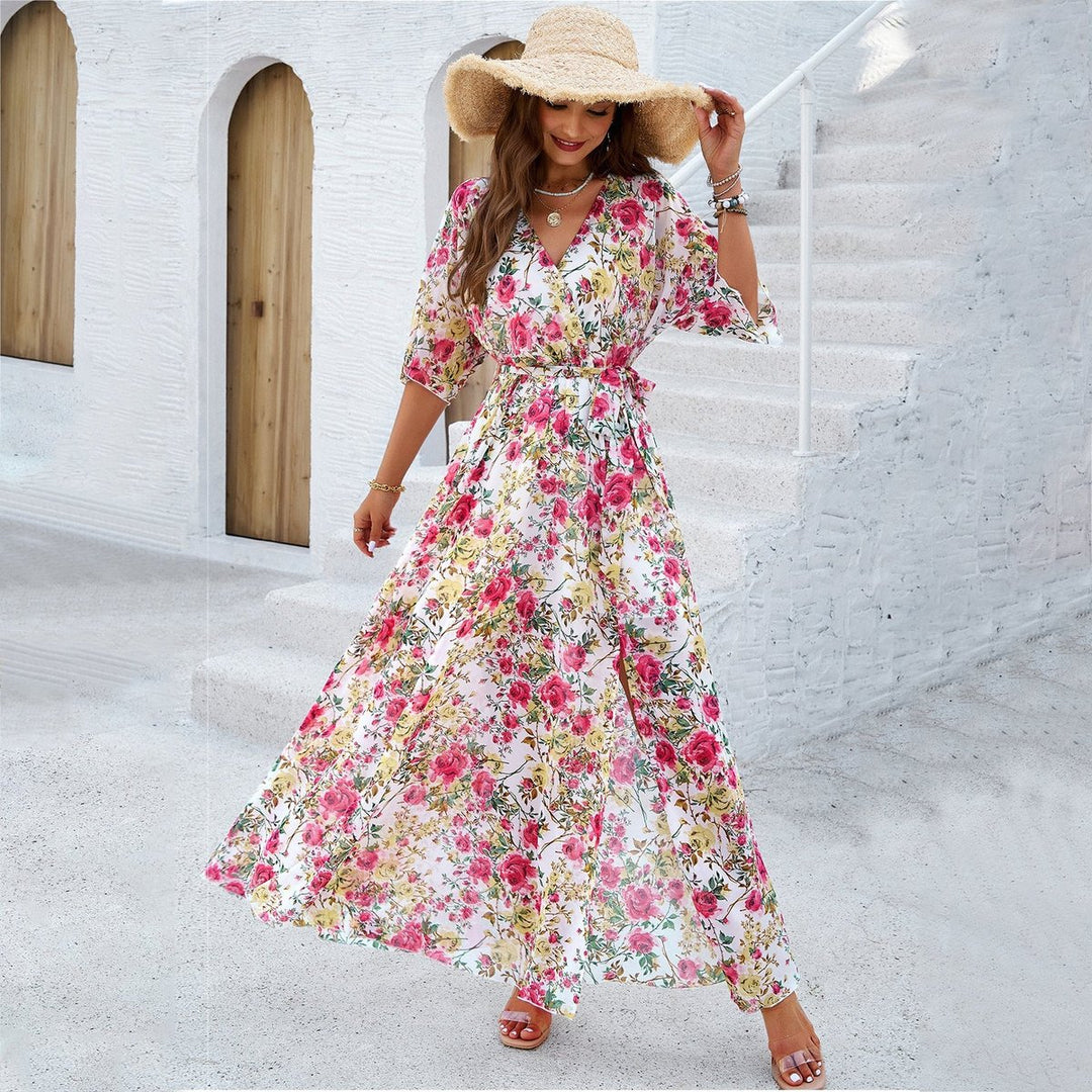 Women's Floral V-Neck Belted Fall Midi Dress Three-Quarter Sleeve
