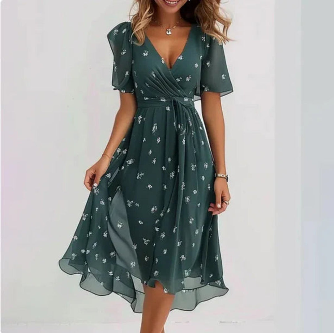 Women's Floral V-Neck Chiffon Fall Midi Dress