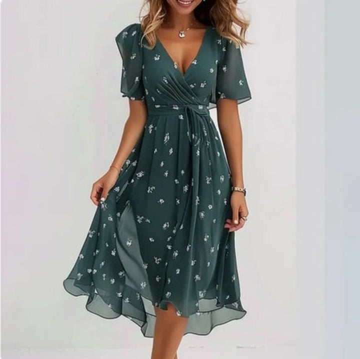 Women's Floral V-Neck Chiffon Fall Midi Dress