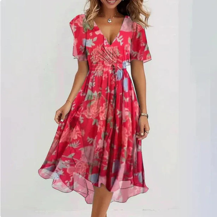 Women's Floral V-Neck Chiffon Fall Midi Dress