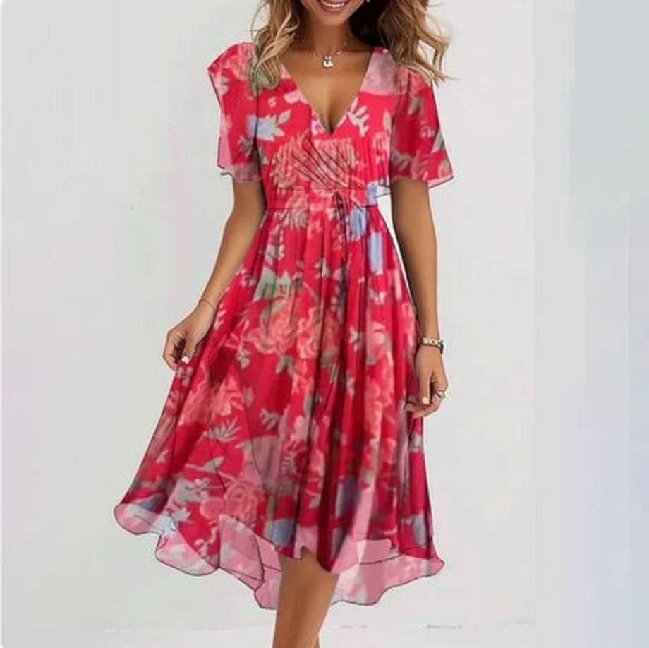 Women's Floral V-Neck Chiffon Fall Midi Dress