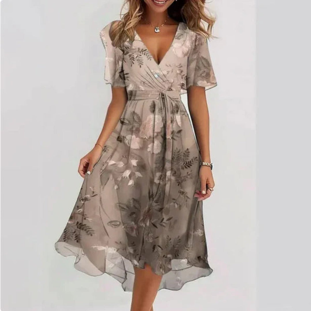 Women's Floral V-Neck Chiffon Fall Midi Dress