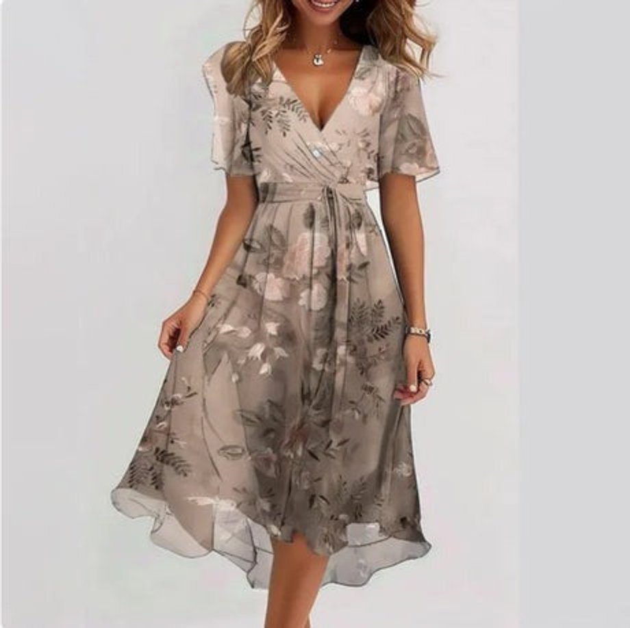 Women's Floral V-Neck Chiffon Fall Midi Dress
