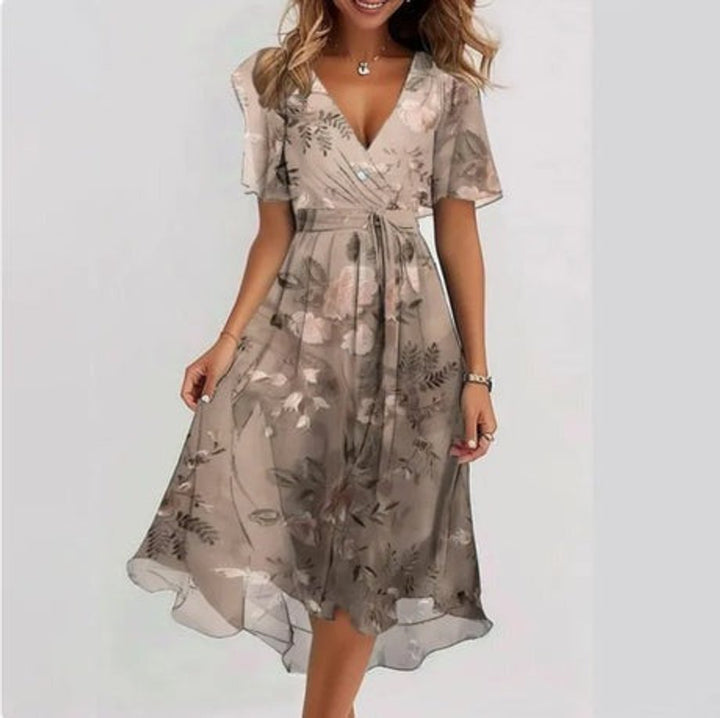 Women's Floral V-Neck Chiffon Fall Midi Dress