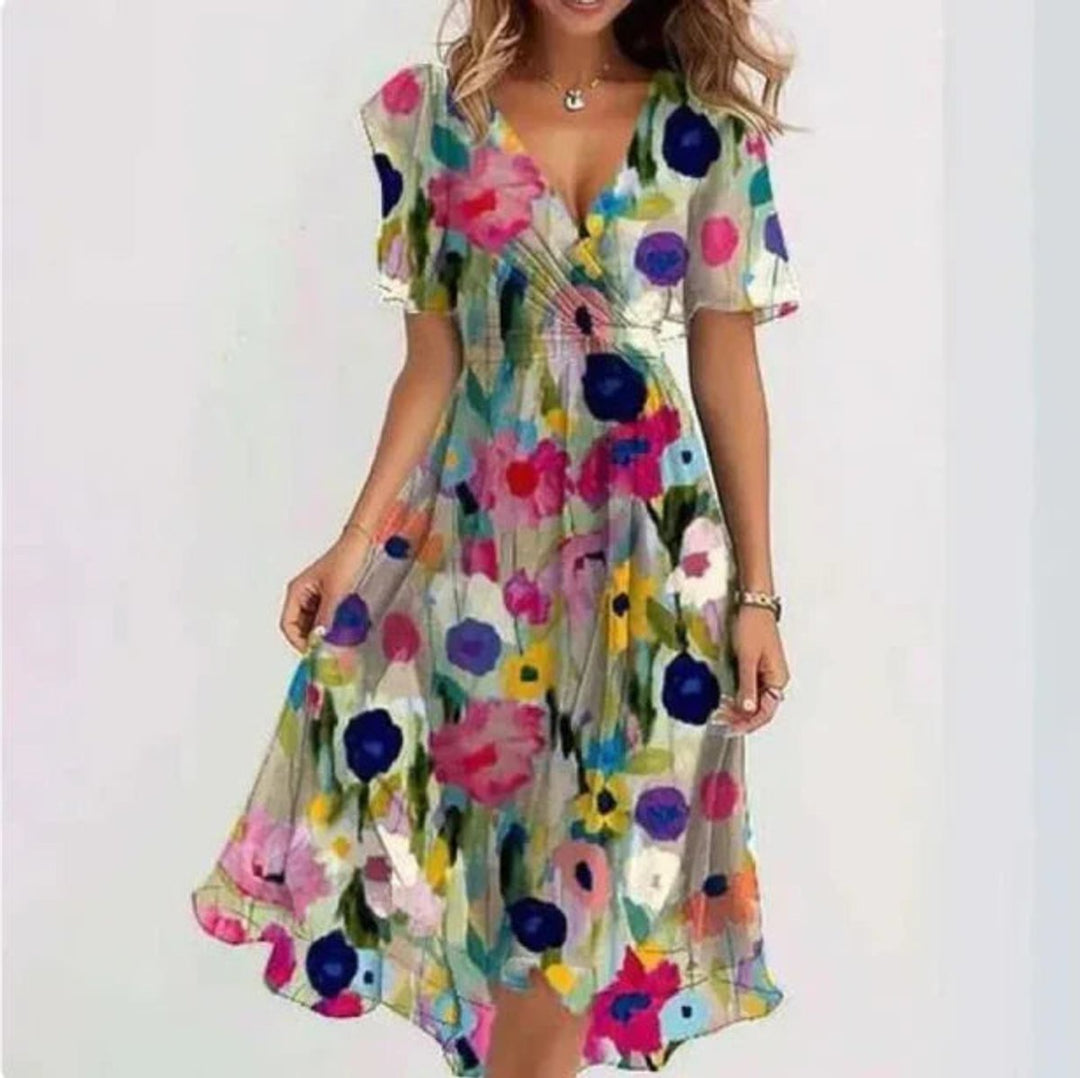 Women's Floral V-Neck Chiffon Fall Midi Dress