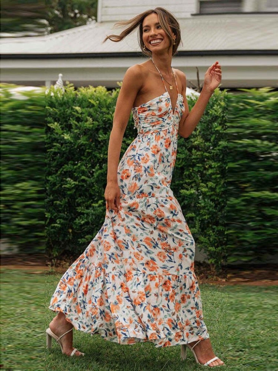 Women's Floral V-Neck Halter Maxi Formal Dress