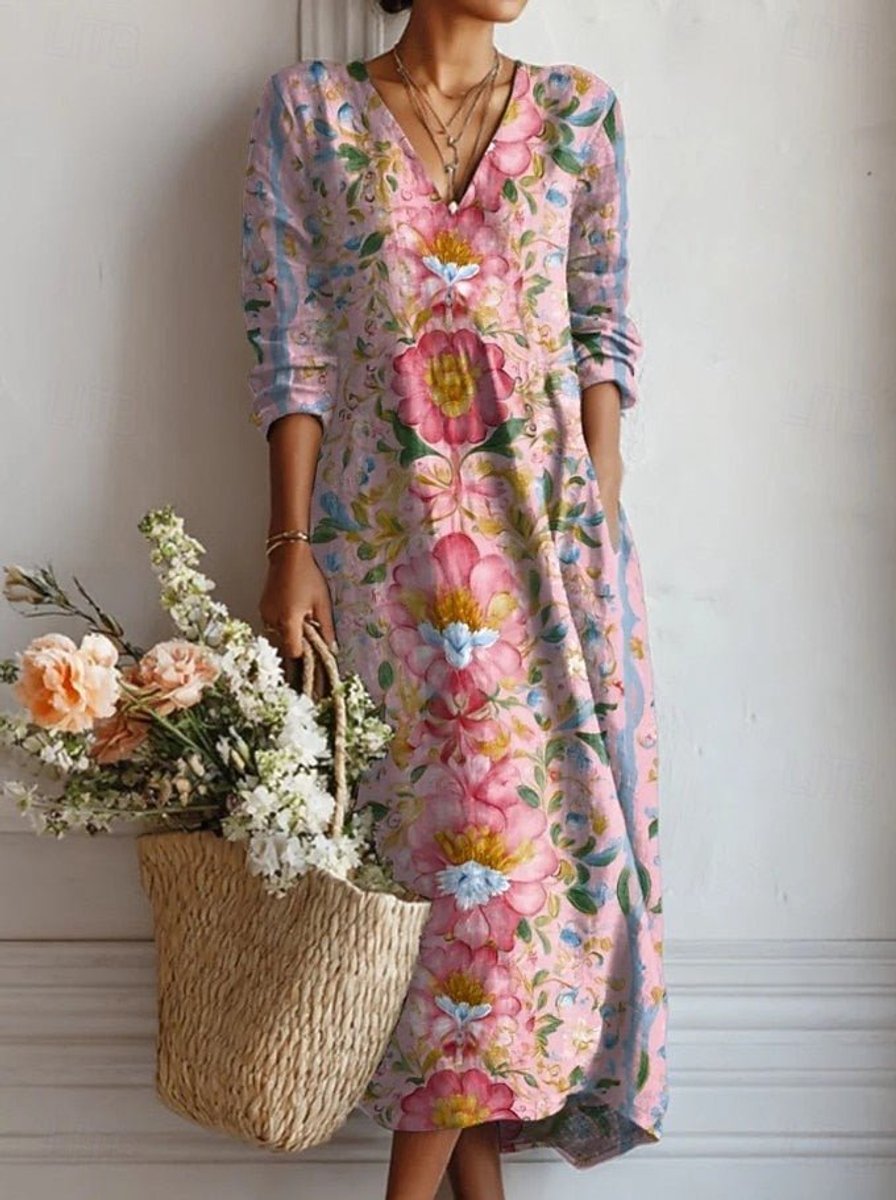 Women's Floral V-Neck Long Sleeve Fall Dress Relaxed Maxi