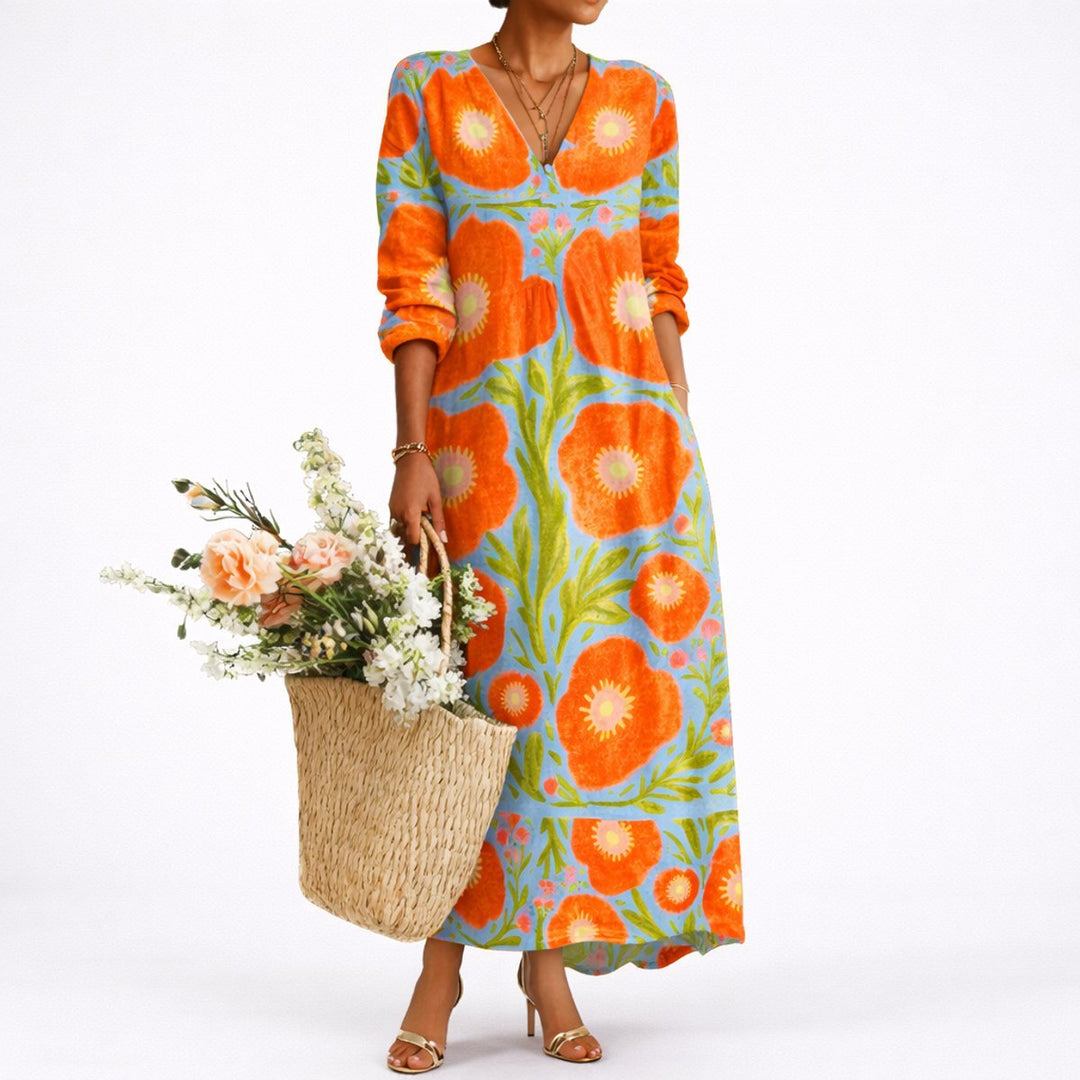Women's Floral V-Neck Long Sleeve Fall Wedding Guest Maxi Dress