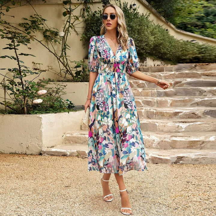 Women's Floral V-Neck Puff-Sleeve Chiffon Fall Midi Dress