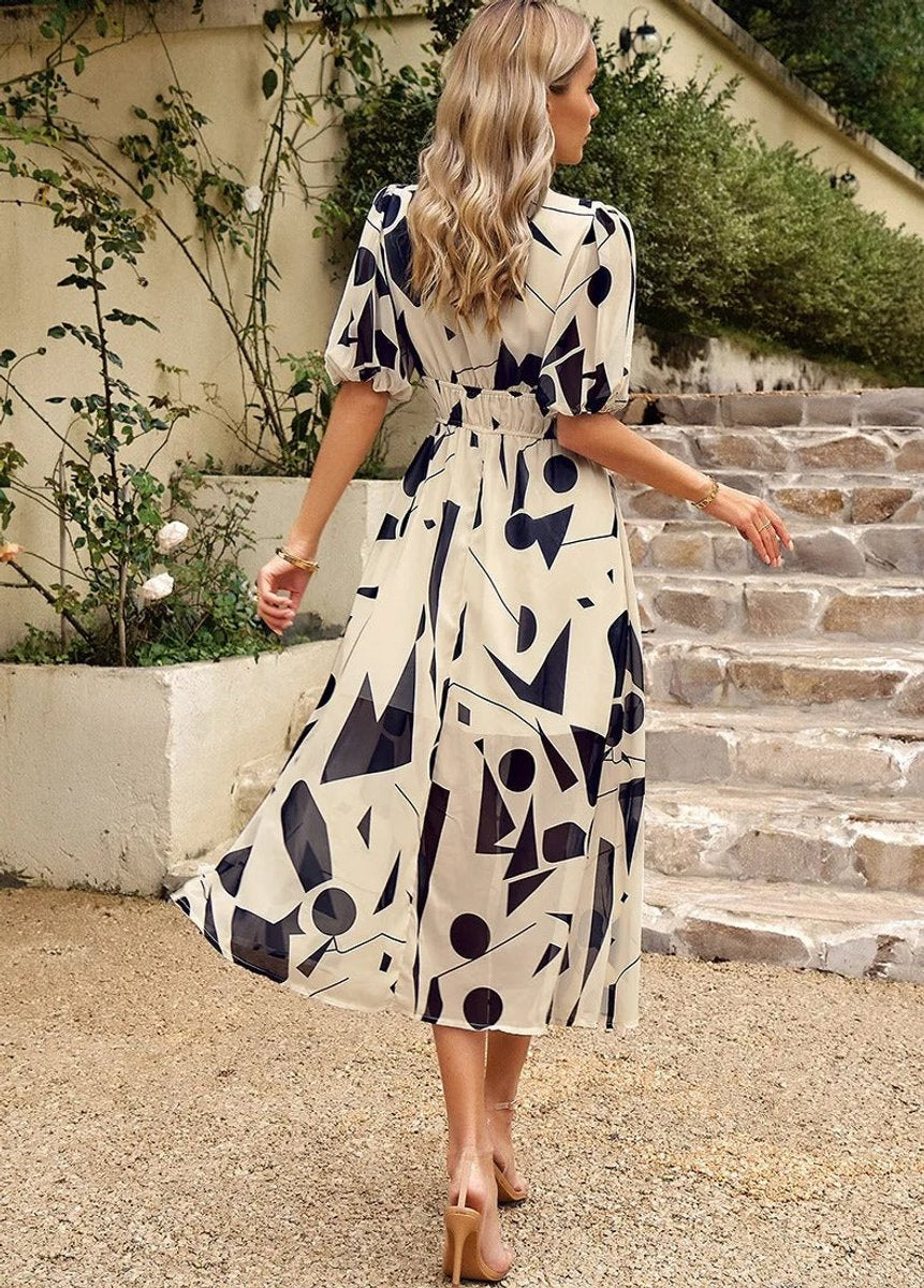 Women's Floral V-Neck Puff-Sleeve Chiffon Fall Midi Dress