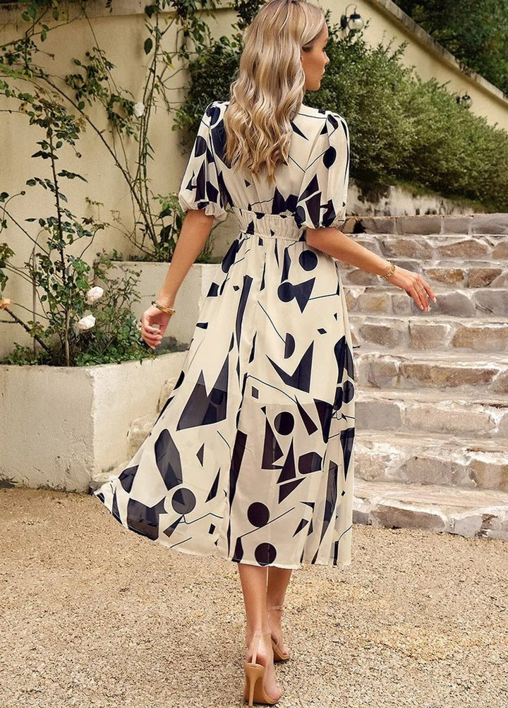 Women's Floral V-Neck Puff-Sleeve Chiffon Fall Midi Dress