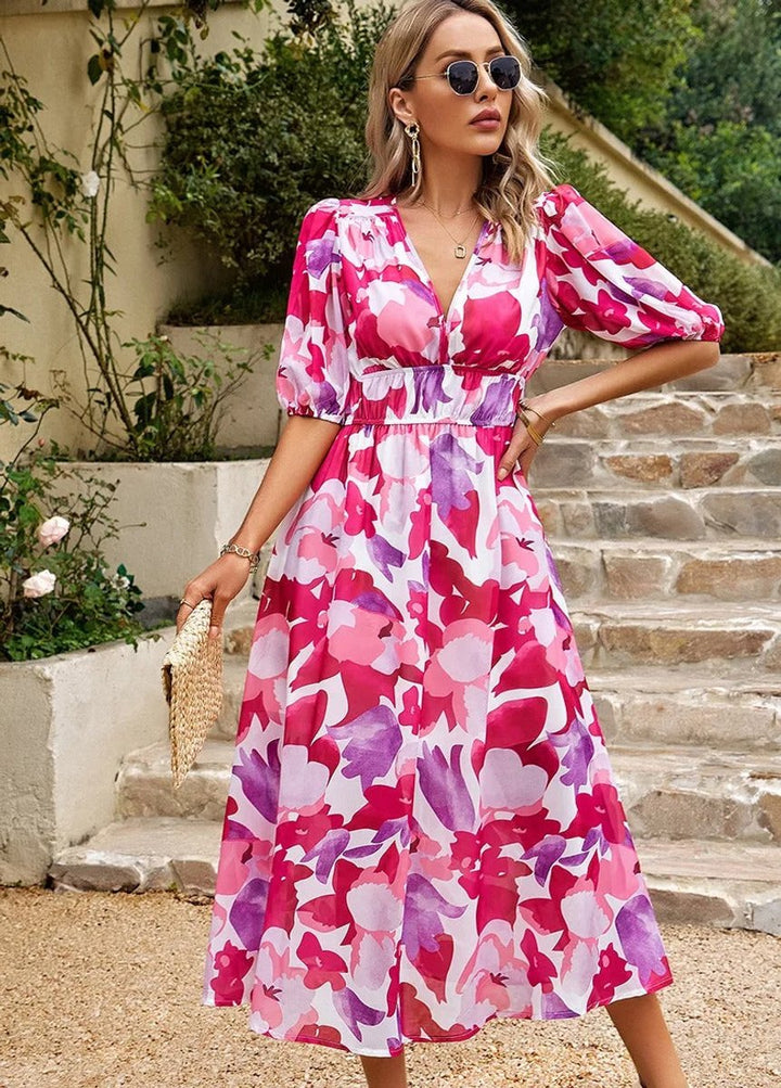 Women's Floral V-Neck Puff-Sleeve Chiffon Fall Midi Dress