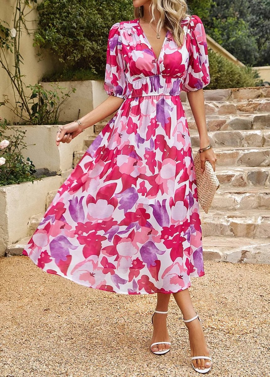 Women's Floral V-Neck Puff-Sleeve Chiffon Fall Midi Dress