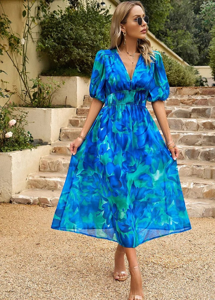 Women's Floral V-Neck Puff-Sleeve Chiffon Fall Midi Dress
