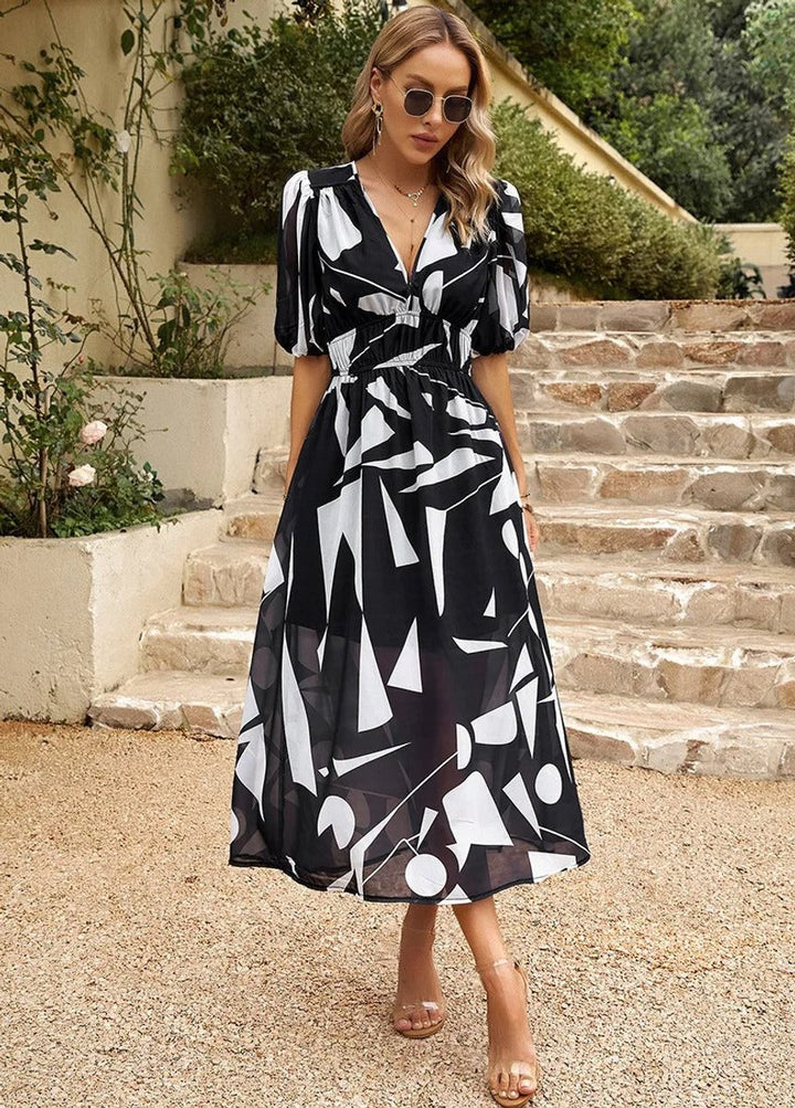 Women's Floral V-Neck Puff-Sleeve Chiffon Fall Midi Dress