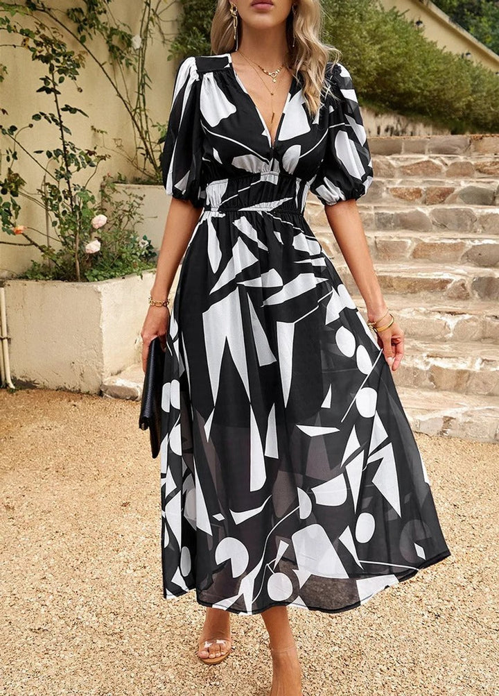 Women's Floral V-Neck Puff-Sleeve Chiffon Fall Midi Dress