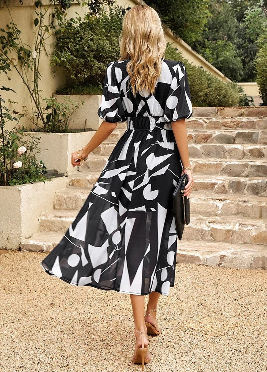 Women's Floral V-Neck Puff-Sleeve Chiffon Fall Midi Dress