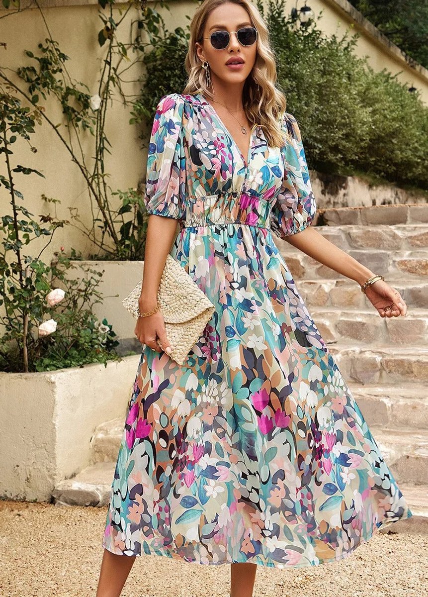 Women's Floral V-Neck Puff-Sleeve Chiffon Fall Midi Dress