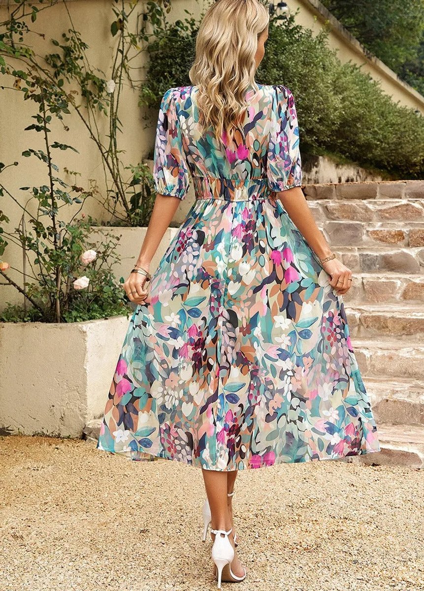Women's Floral V-Neck Puff-Sleeve Chiffon Fall Midi Dress