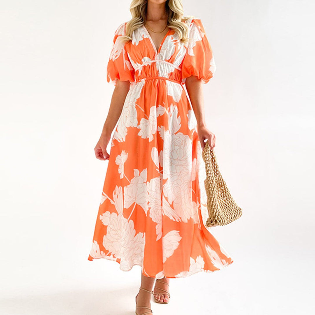 Women's Floral V-Neck Puff Sleeve Fall Midi Dress
