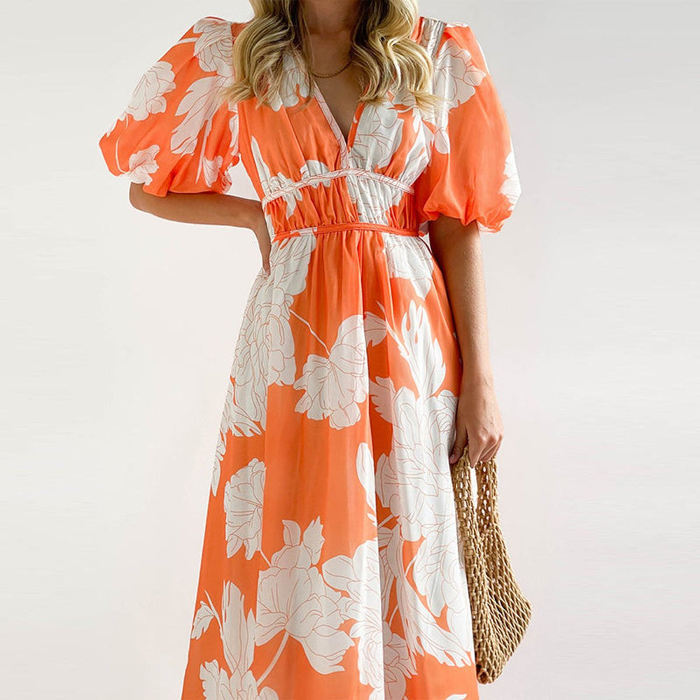 Women's Floral V-Neck Puff Sleeve Fall Midi Dress